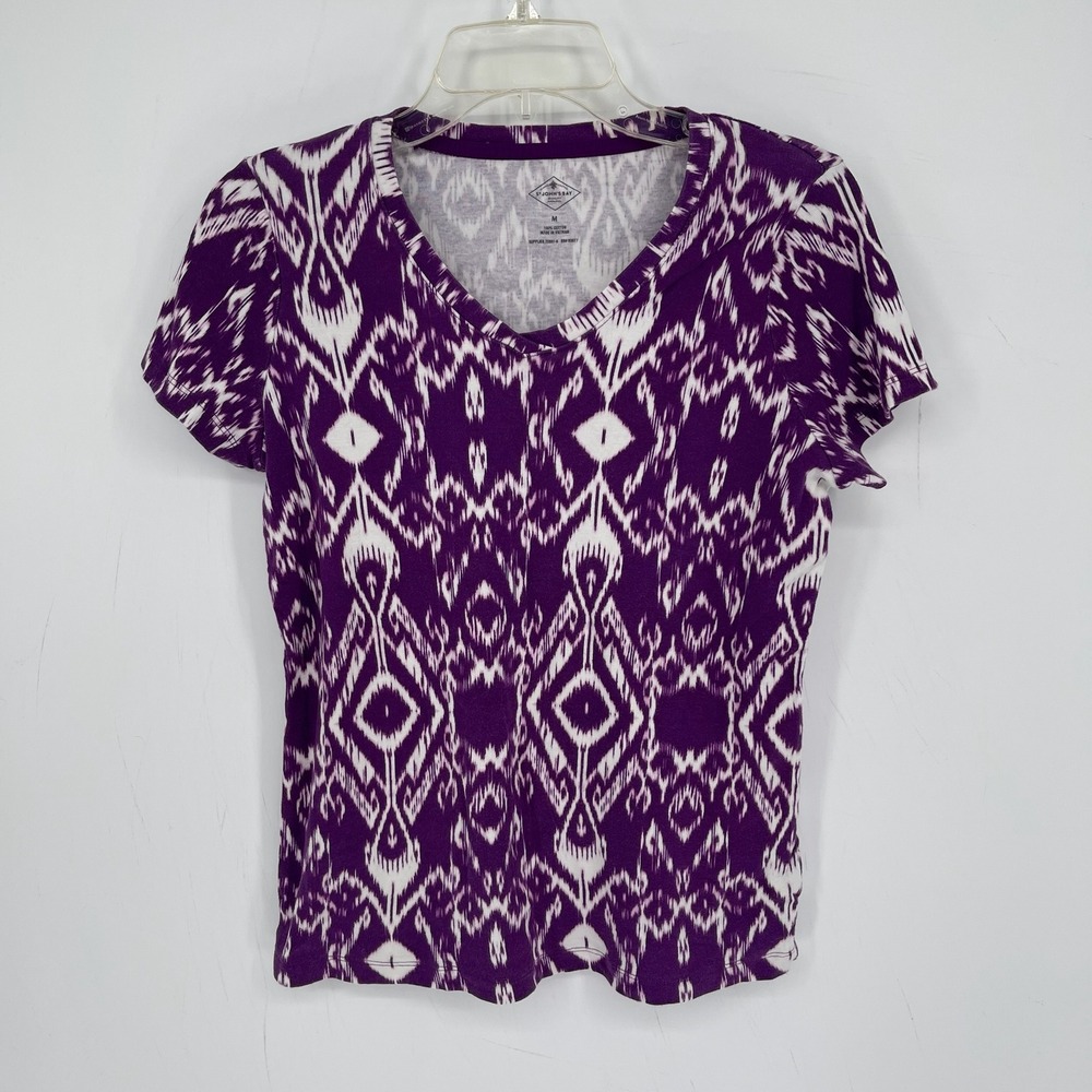 St. John's Bay Women's Purple Ikat Print V-Neck Short Sleeve Tee T-Shirt Size M